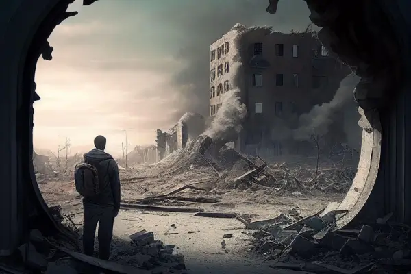 Ilustração de um viajante solitário em um mundo devastado, cercado por escombros e edifícios destruídos.
