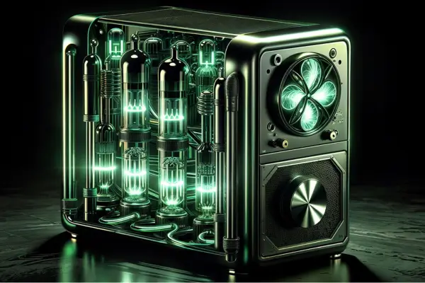 Renderização artística de um supercomputador quântico com design inspirado em ficção científica.