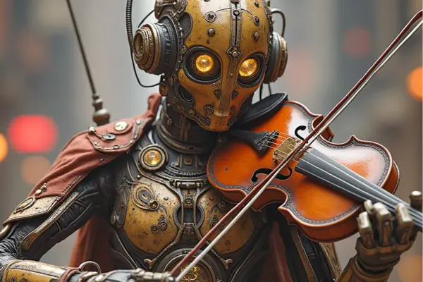 Ilustração de um robô com estilo steampunk tocando violino, simbolizando a fusão de sons e silêncios na criação de mundos fantásticos.