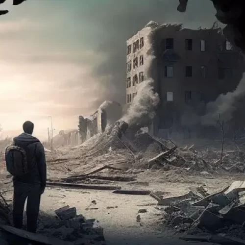 Ilustração de um viajante solitário em um mundo devastado, cercado por escombros e edifícios destruídos.