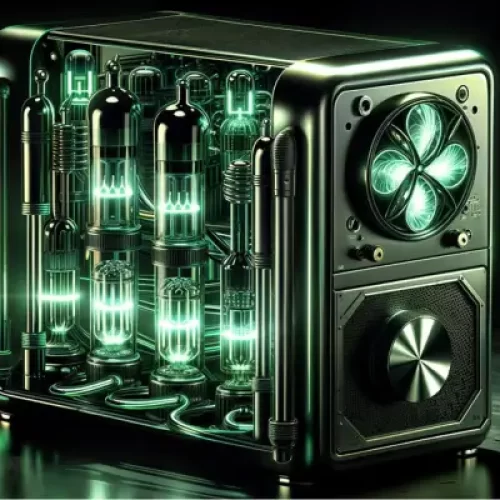 Renderização artística de um supercomputador quântico com design inspirado em ficção científica.