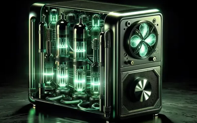 Renderização artística de um supercomputador quântico com design inspirado em ficção científica.