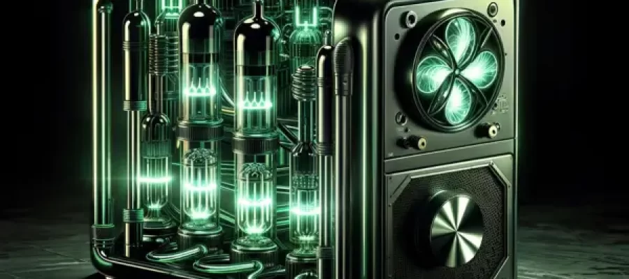 Renderização artística de um supercomputador quântico com design inspirado em ficção científica.