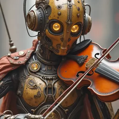 Ilustração de um robô com estilo steampunk tocando violino, simbolizando a fusão de sons e silêncios na criação de mundos fantásticos.