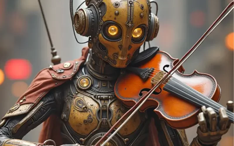 Ilustração de um robô com estilo steampunk tocando violino, simbolizando a fusão de sons e silêncios na criação de mundos fantásticos.