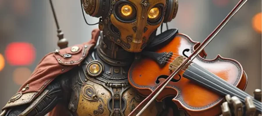 Ilustração de um robô com estilo steampunk tocando violino, simbolizando a fusão de sons e silêncios na criação de mundos fantásticos.